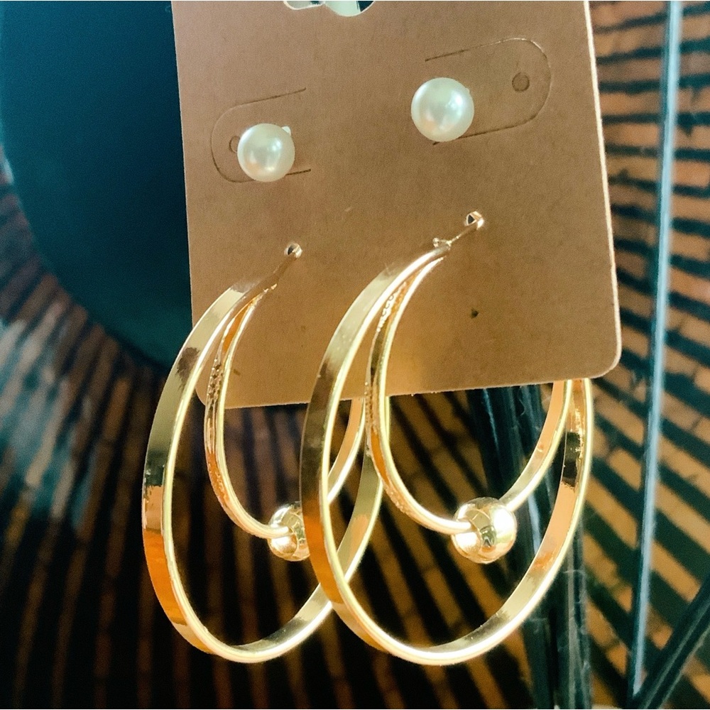 BOGO Double Layered Gold Hoop Earrings Gold Bead & Faux Pearl Studs Earrings Set